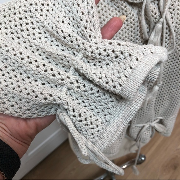 Amuse Society LS knit crochet tan cotton blend sweater drawstring neck n waist S - Picture 4 of 10